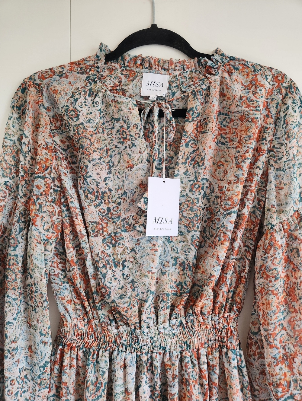 MISA Los Angeles Boho Maxi Dress Long Sleeve Smocked Waist NWT XS - Picture 2 of 11